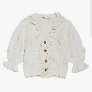 Zara Cropped Cardigan Chunky Crochet Balloon Sleeve w/ Jewel Buttons Size L